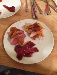 The results of our first cooking class: sashimi (raw beef, yikes), duck with peach sauce, and chicken stuffed with chorizo. Yuuuuum. 